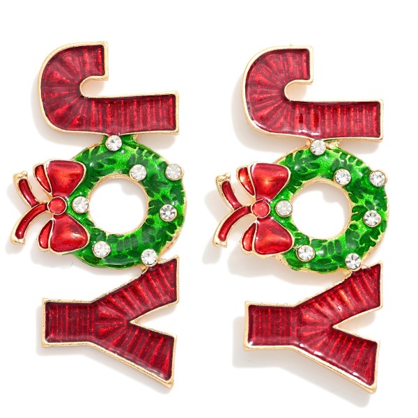 Enamel Metal "JOY" Christmas Drop Earring Featuring Wreath With Rhinestones 

- Approximately 2" L 