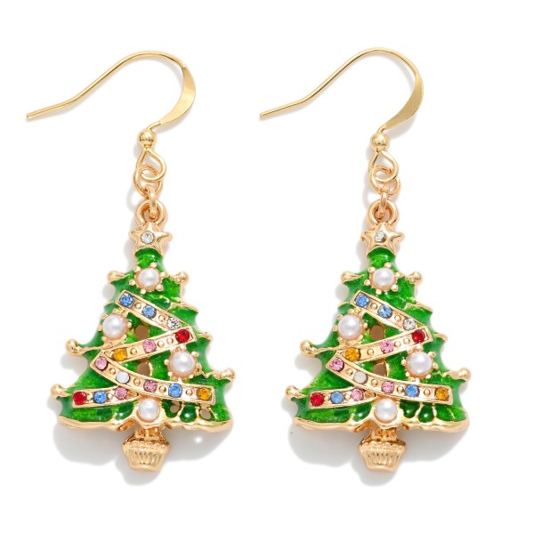 Metal Christmas Tree Drop Earrings Featuring Pearl, & Rhinestone Accents

- Approximately 2" L


