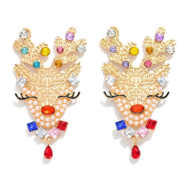 Gold Tone Reindeer Post Drop Earring Featuring Rhinestone Details

- Approximately 2.5" L 