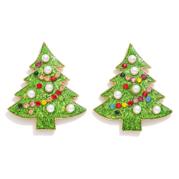 Glittery Metal Christmas Tree Drop Earrings Featuring Pearl, & Rhinestone Accents

- Approximately 1.75" L
