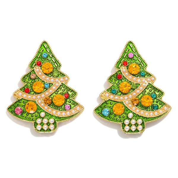 Enamel Metal Christmas Tree Drop Earrings Featuring Pearl, & Rhinestone Accents 

- Approximately 1.5" L
