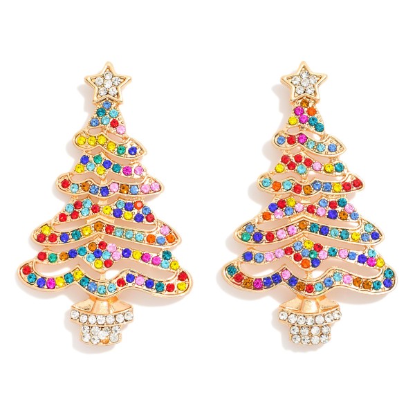 Metal Christmas Tree Drop Earrings Featuring Rhinestone Accents

- Approximately 2" L
