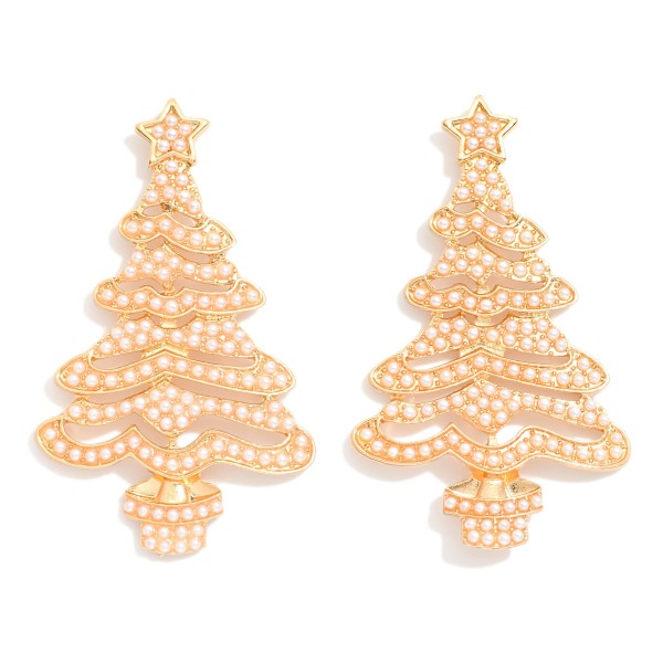 Metal Christmas Tree Drop Earrings Featuring Pearl

- Approximately 2.5" L
