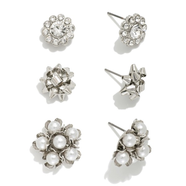 Wholesale set Three Stud Earrings Pearl Cluster Rhinestone Flower Metal Bow L