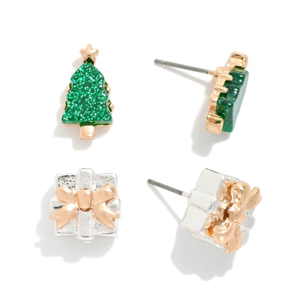 Set Of Two Stud Earrings Featuring Christmas Trees & Presents 

- Approximately .5" L