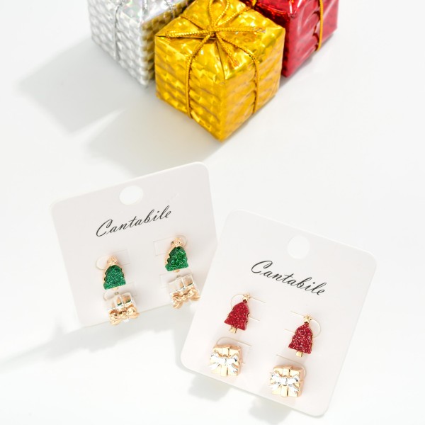 Set Of Two Stud Earrings Featuring Christmas Trees & Presents 

- Approximately .5" L