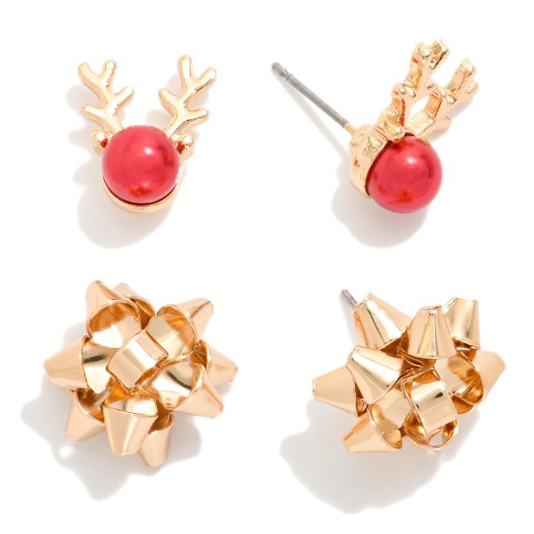 Set Of Two Christmas Stud Earrings Featuring Reindeer & Bow 

- Approximately .5" L
