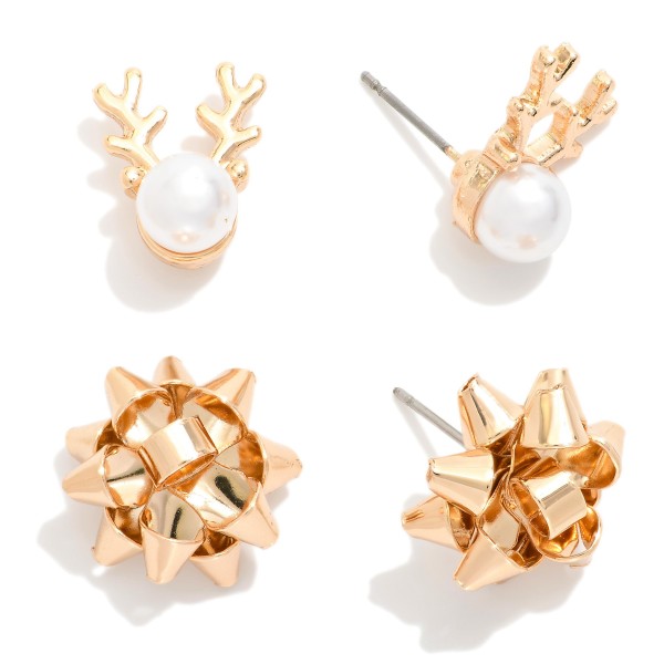 Set Of Two Christmas Stud Earrings Featuring Reindeer & Bow 

- Approximately .5" L