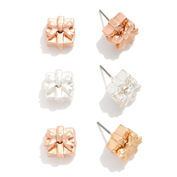 Set Of Three Metal Tone Christmas Present Stud Earrings 

- Approximately .5" L