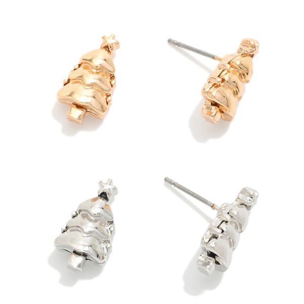 Set Of two Metal Tone Christmas Tree Stud Earrings 

- Approximately .75" L