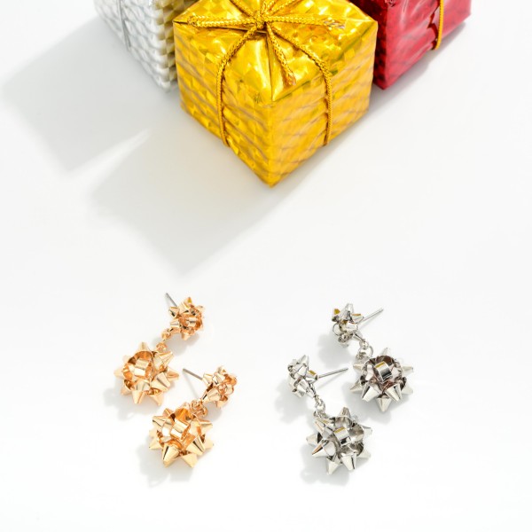 Linked Metal Tone Christmas Bows Post Drop Earrings 

- Approximately 1" L