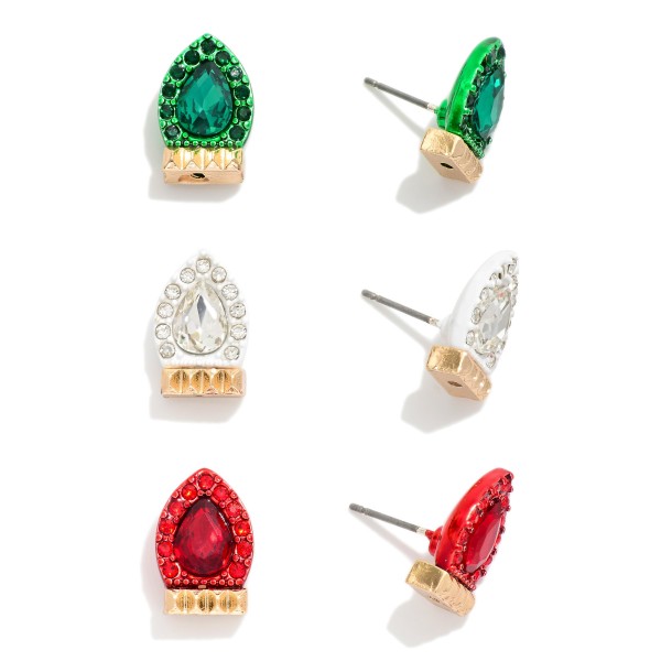 Set Of Three Rhinestone Christmas Light Stud Earrings

- Approximately .5" L