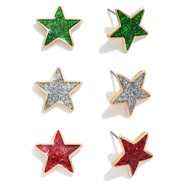 Set Of Three Glitter Star Stud Earrings 

- Approximately .75" L