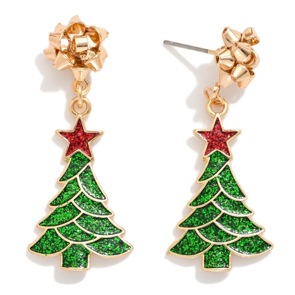 Glitter Christmas Tree & Bow Post Drop Earrings 

- Approximately 1.25" L