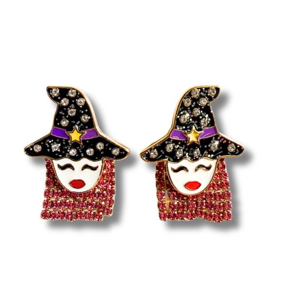 Enamel Witch Post Drop Earrings Featuring Rhinestone Hair Detail 

- Approximately 1" L