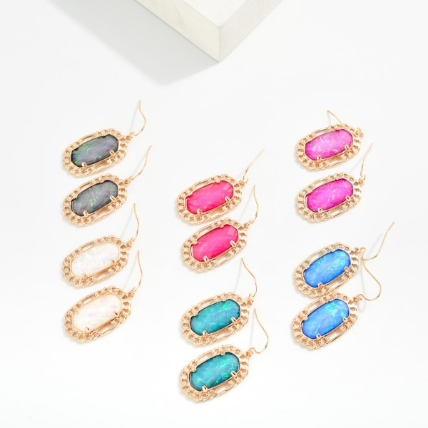 Pearlescent Stone Drop Earrings Featuring Metal Tone Border 

- Approximately 1.5" L