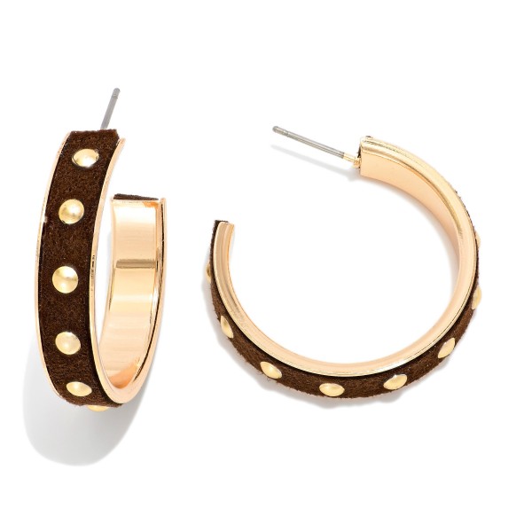 Metal Tone Leather Hoop Drop Earrings Featuring Gold Tones 

- Approximately 1" D 