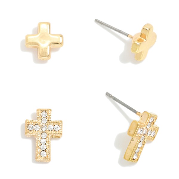 Set Of Two Metal Tone & Rhinestone Cross Stud Earrings 
- Approximately .5" L