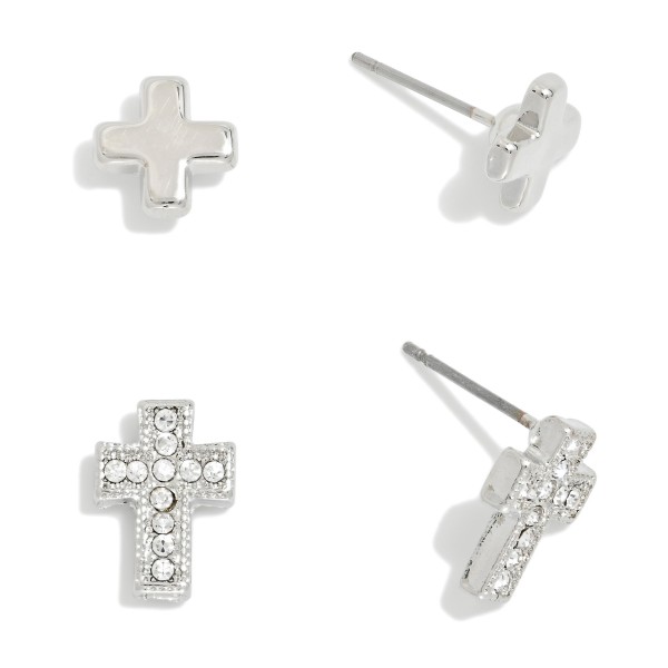 Set Of Two Metal Tone & Rhinestone Cross Stud Earrings 
- Approximately .5" L