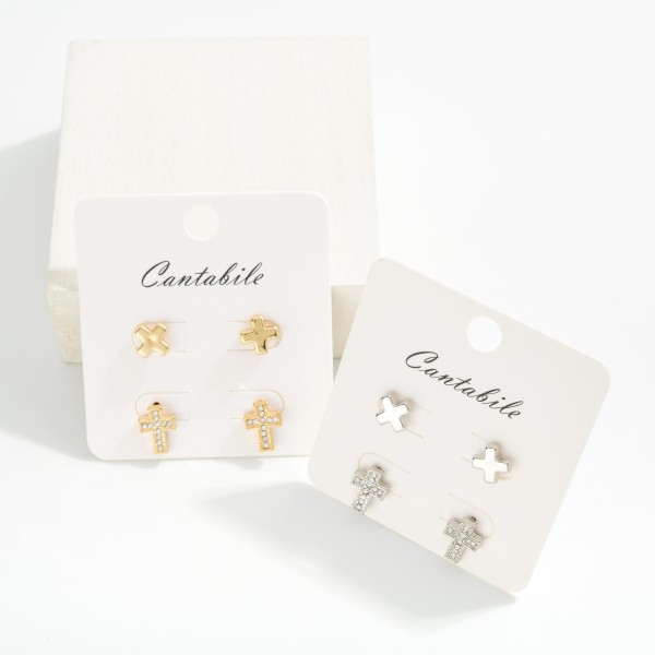 Set Of Two Metal Tone & Rhinestone Cross Stud Earrings 

- Approximately .5" L