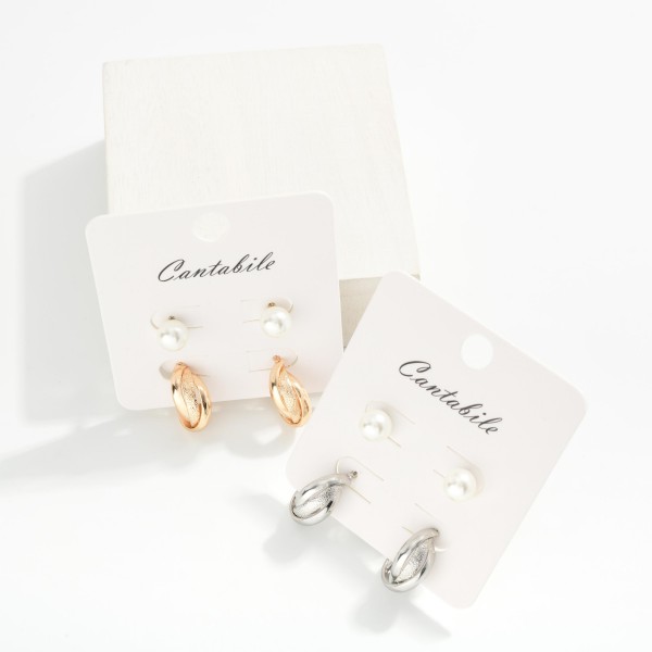 Set Of Two Pearl & Hoop Earrings 
- Approximately .25" - .75" L