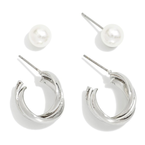 Set Of Two Pearl & Hoop Earrings 

- Approximately .25" - .75" L