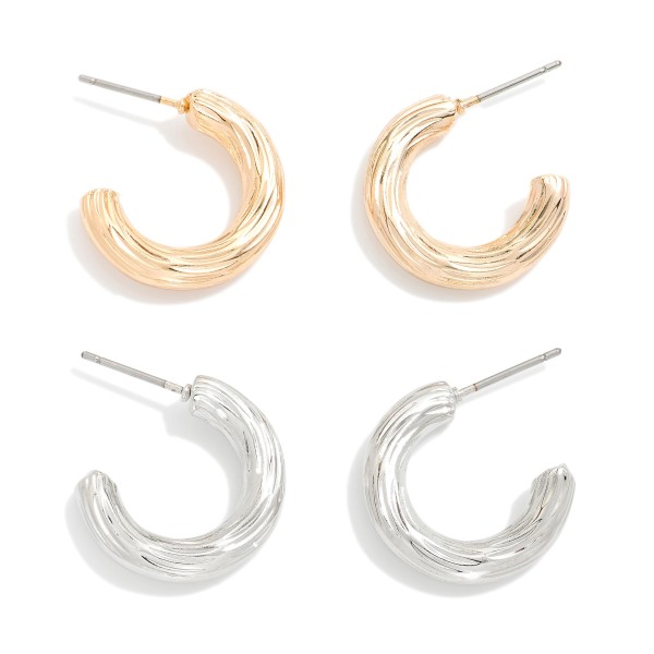 Set Of Two Textured Metal Hoop Earrings 

- Approximately .75" D