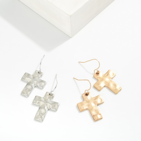 Hammered Metal Cross Drop Earrings 
- Approximately 1.5" L