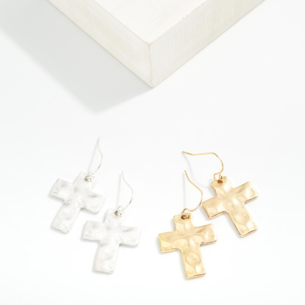 Hammered Metal Cross Drop Earrings 
- Approximately 1.5" L