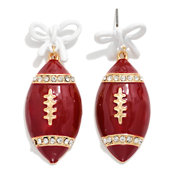 3D Enamel Football & Bow Post Drop Earrings With Rhinestone Details 

- Approximately 2" L