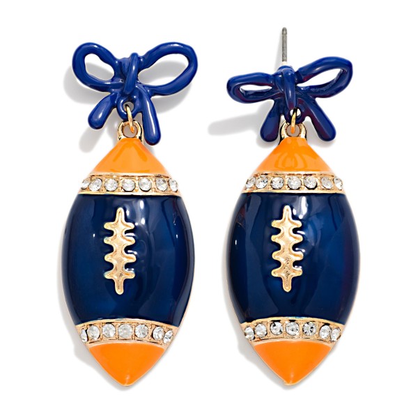 3D Enamel Football & Bow Post Drop Earrings With Rhinestone Details 

- Approximately 2" L