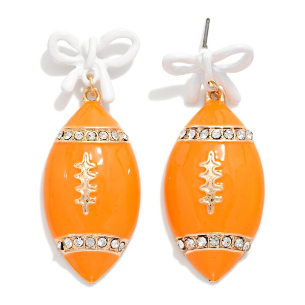 3D Enamel Football & Bow Post Drop Earrings With Rhinestone Details 

- Approximately 2" L