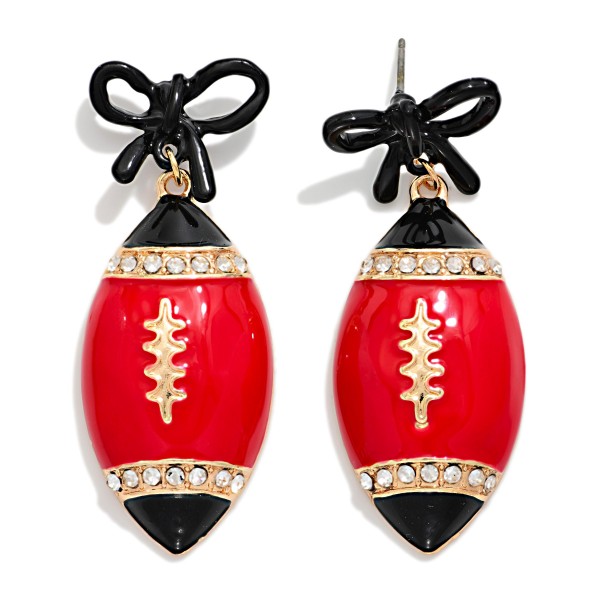 3D Enamel Football & Bow Post Drop Earrings With Rhinestone Details 

- Approximately 2" L