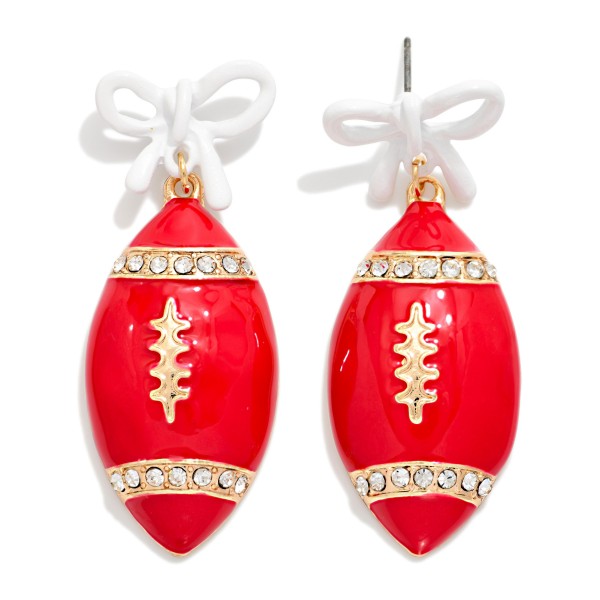 3D Enamel Football & Bow Post Drop Earrings With Rhinestone Details 

- Approximately 2" L