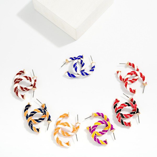 Twisted Two Tone Enamel Hoop Earrings 

- Approximately .75" D