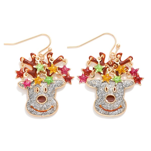 Glitter Enamel Reindeer Drop Earrings Featuring Star Details 

- Approximately 1.25" L