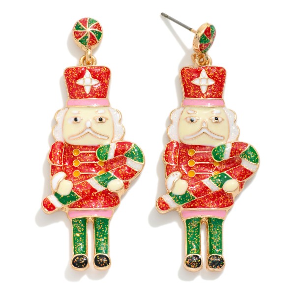 Glitter Enamel Nutcracker Post Drop Earrings 

- Approximately 2" L
