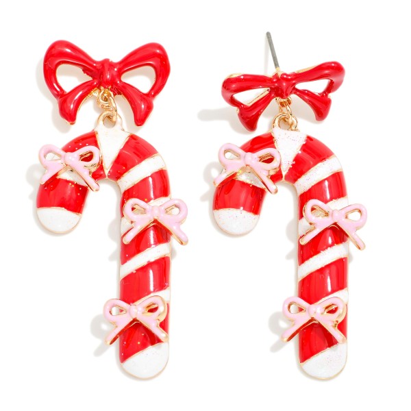 Painted Metal Bow & Candy Cane Post Drop Earrings 

- Approximately 2" L