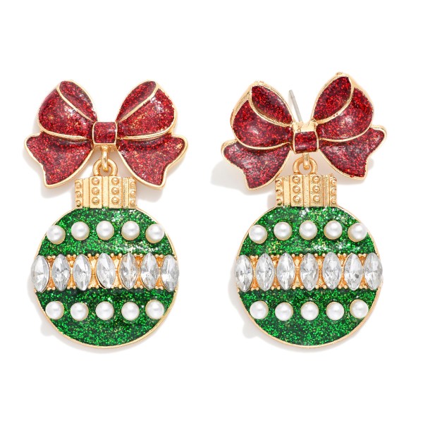 Wholesale glitter Metal Bow Christmas Ornament Post Drop Earrings Pearl Details