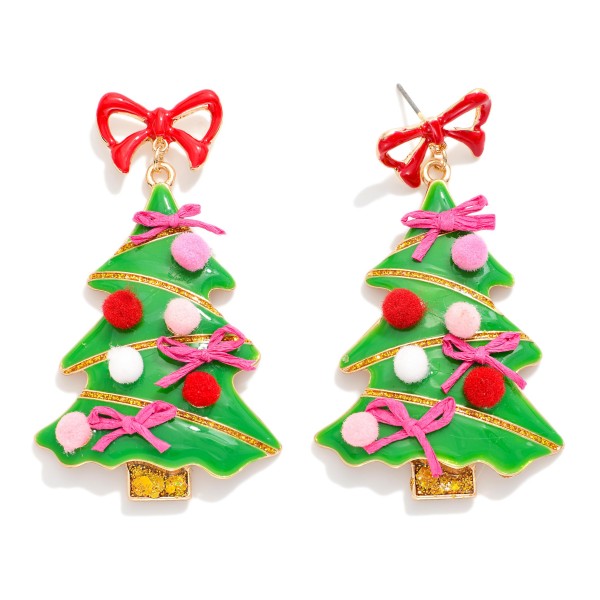 Painted Metal Bow Christmas Tree Post Drop Earrings Featuring Pom Details 

- Approximately 2" L