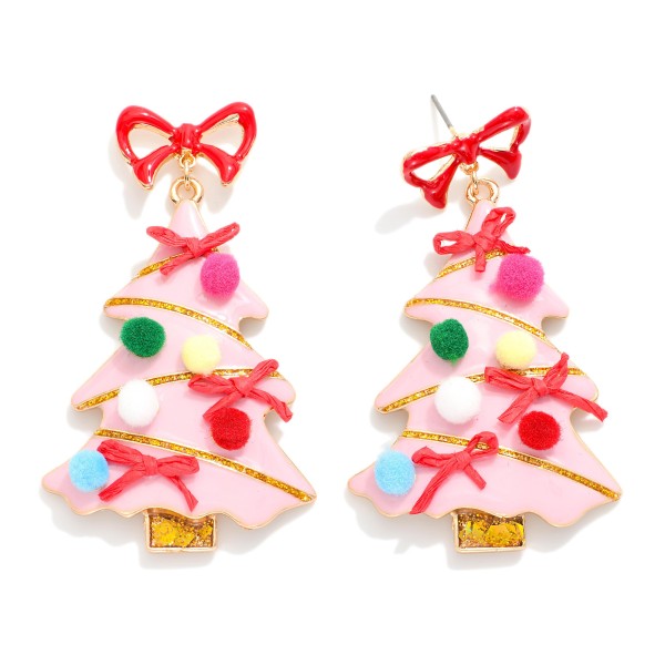 Wholesale painted Metal Bow Christmas Tree Post Drop Earrings Pom Details L