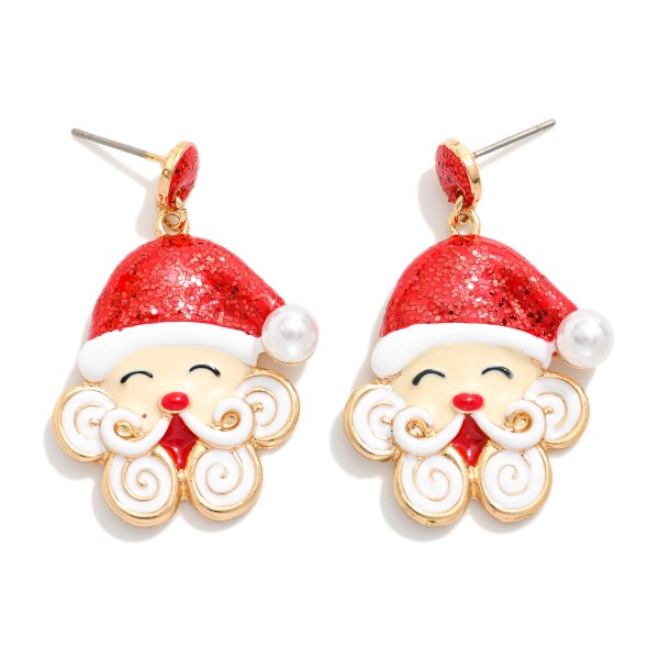 Enamel Christmas Santa Drop Earrings Featuring Glitter And Pearls 

- Approximately 1.75" L