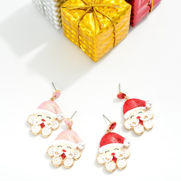 Enamel Christmas Santa Drop Earrings Featuring Glitter And Pearls 

- Approximately 1.75" L