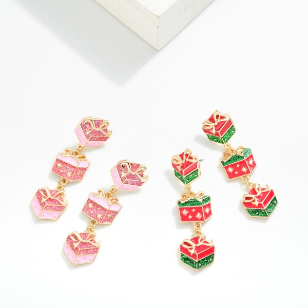 Linked Enamel Christmas Present Post Drop Earrings

- Approximately 2" L

