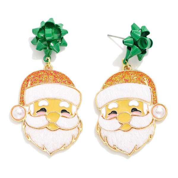 Enamel Santa Claus Drop Earrings Featuring Fur , Glitter, & Pearl With Metal Bow Post Drop 

- Approximately 2.5" L