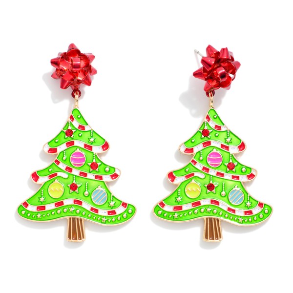 Enamel Christmas Tree Earrings With Metal Bow Post Drop Featuring Glitter, Rhinestone Accents, And Ornament Details 
- Approximately 2.25" L