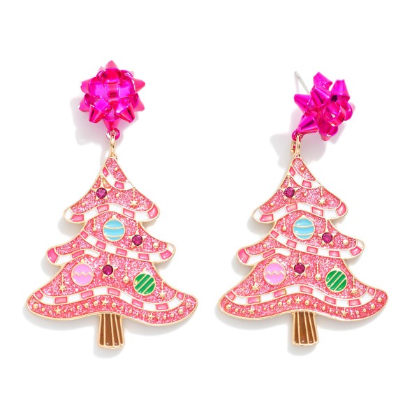 Enamel Christmas Tree Earrings With Metal Bow Post Drop Featuring Glitter, Rhinestone Accents, And Ornament Details 

- Approximately 2.25" L