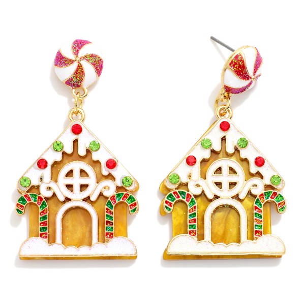 Acetate Gingerbread House Drop Earring Featuring Rhinestone & Glitter Details With Peppermint Post 

- Approximately 2" L 