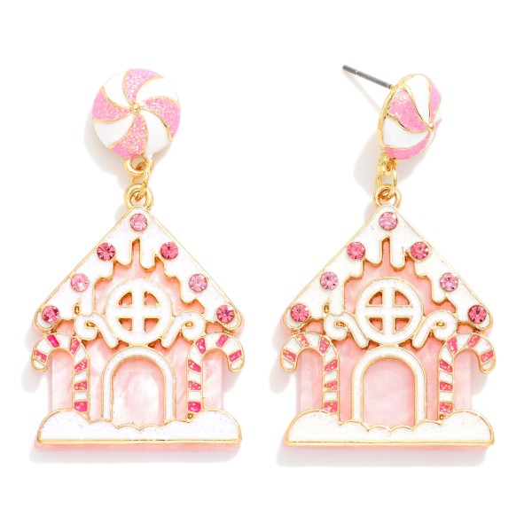 Acetate Gingerbread House Drop Earring Featuring Rhinestone & Glitter Details With Peppermint Post 
- Approximately 2" L