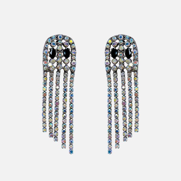 Rhinestone Studded Fringe Ghost Post Drop Earrings 

- Approximately 2.25" L

